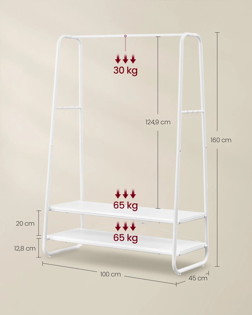 Cabide Guarda Roupa com 2 prateleiras e 6 ganchos em forma de S 45 x 100 x 160 cm branco 