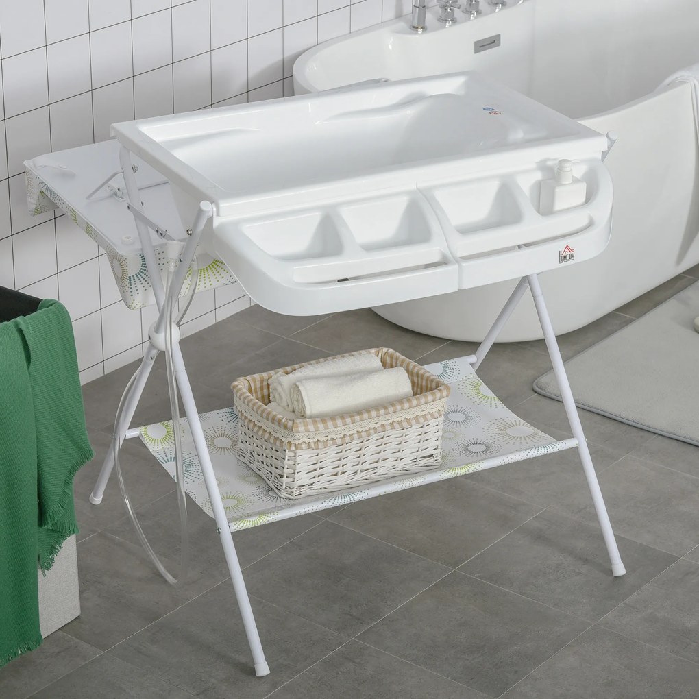 HOMCOM Banheira e Trocador de Fraldas 2 em 1 para Bebés 0-12 Meses Banheira Dobrável com Múltiples Espaços de Armazenamento e Prateleira Inferior Carga máx. 15kg 80x70x95cm Branco