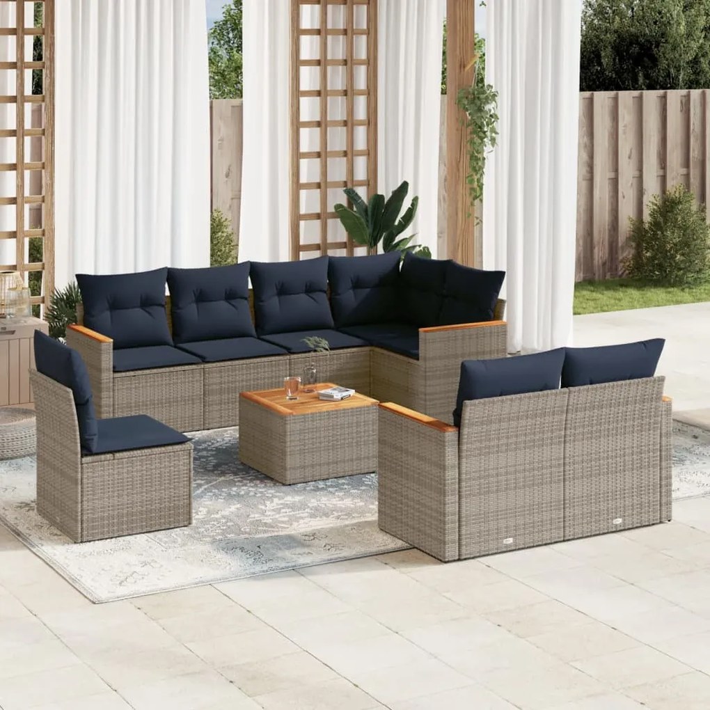 vidaXL 9 pcs conjunto sofás p/ jardim com almofadões vime PE cinzento