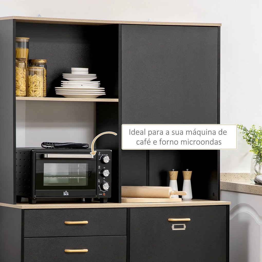 Armário de Cozinha com 1 Gaveta 3 Portas e Armazenamento Aberto Estilo Moderno 119x41x180cm Preto