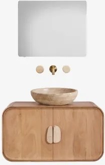 Conjunto De Móvel De Casa De Banho Suspenso 95x45 Cm Em Madeira De Manga E Pedra Natural Kivalina Travertino - Madeira De Mangueira & - Sklum