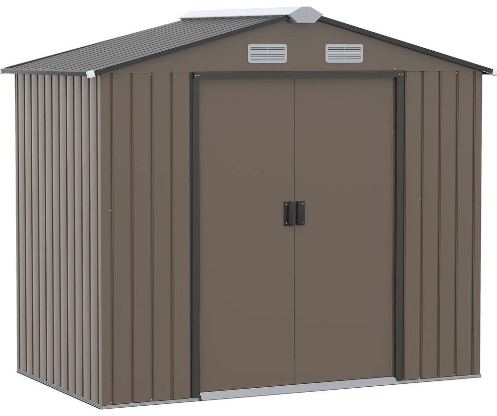 Abrigo de Jardim 213x130x185 cm Abrigo de Jardim Metálico de Exterior com 2 Portas Deslizantes e 4 Janelas Castanho