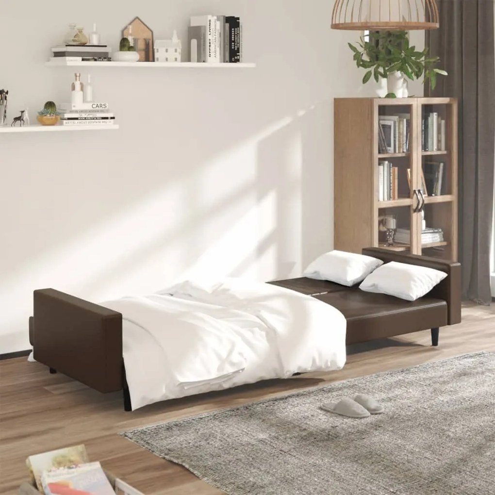 Sofá-cama de 2 lugares couro artificial castanho