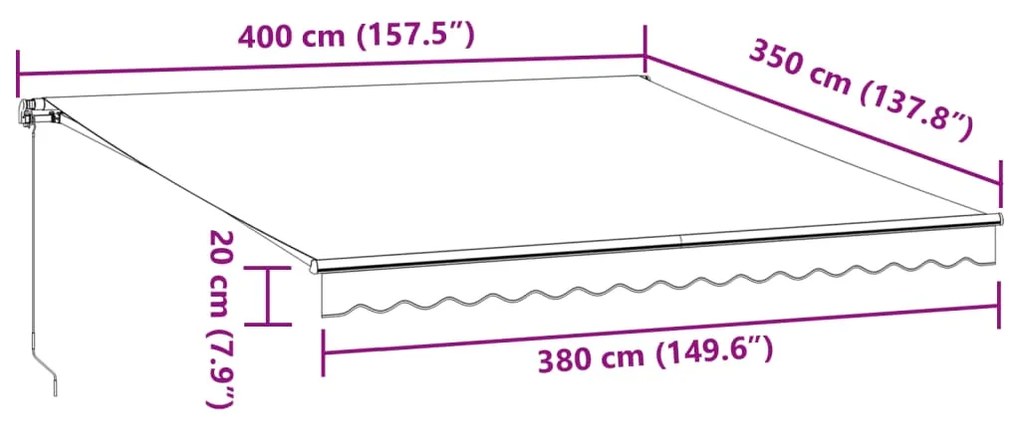 Toldo retrátil manual com luz LED 400x350 cm bordô