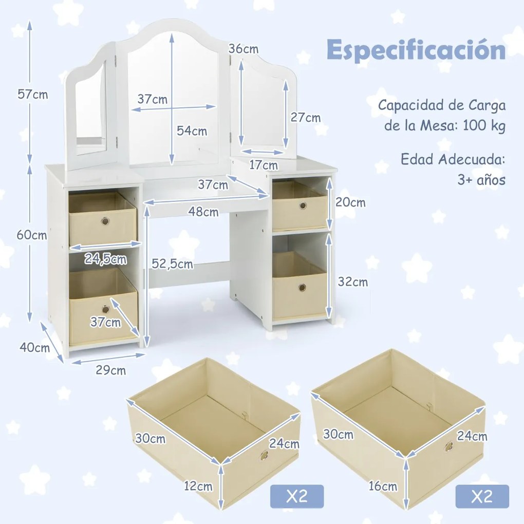 Toucador Princesa para crianças com 4 prateleiras grandes e espelho de plástico com 3 painéis Carga 100 kg 107 x 40 x 117 cm Branco
