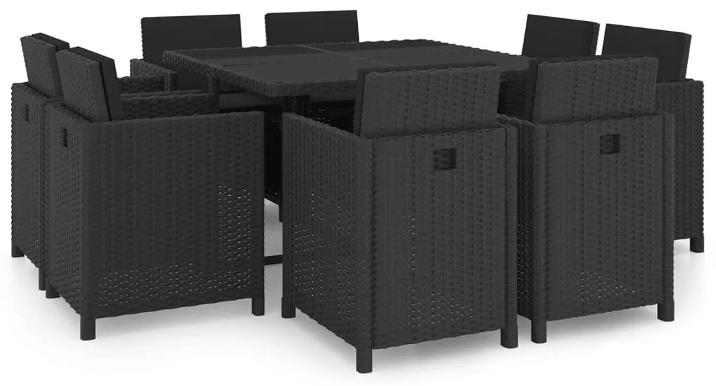 9 pcs conjunto jantar exterior com almofadões vime PE preto