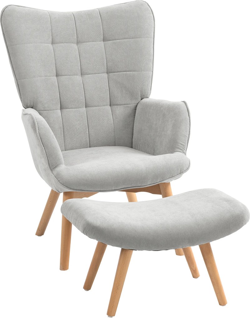 Poltrona com apoio para os pés, encosto alto, pés de madeira e tecido com efeito de veludo cotelê, para sala de estar ou quarto, cinzenta
