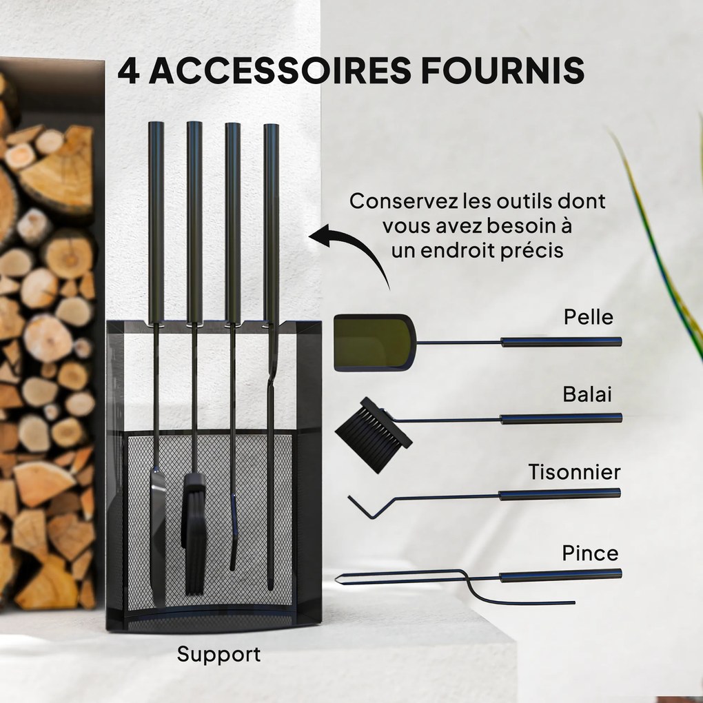 Conjunto de utensílios para lareira de 5 peças em metal, com vassoura, pá, atiçador, par de pinças e suporte, 28 x 13 x 59,5 cm, preto