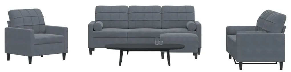 vidaXL 4 pcs conjunto sofás com almofadões e rolos veludo cinza-escuro