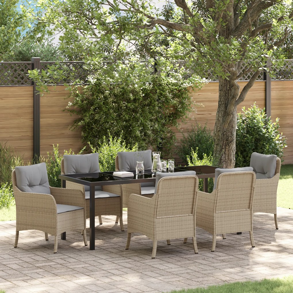 Conjunto de Jantar para Jardim de 7 Peças com Almofadas em Bege de Rat