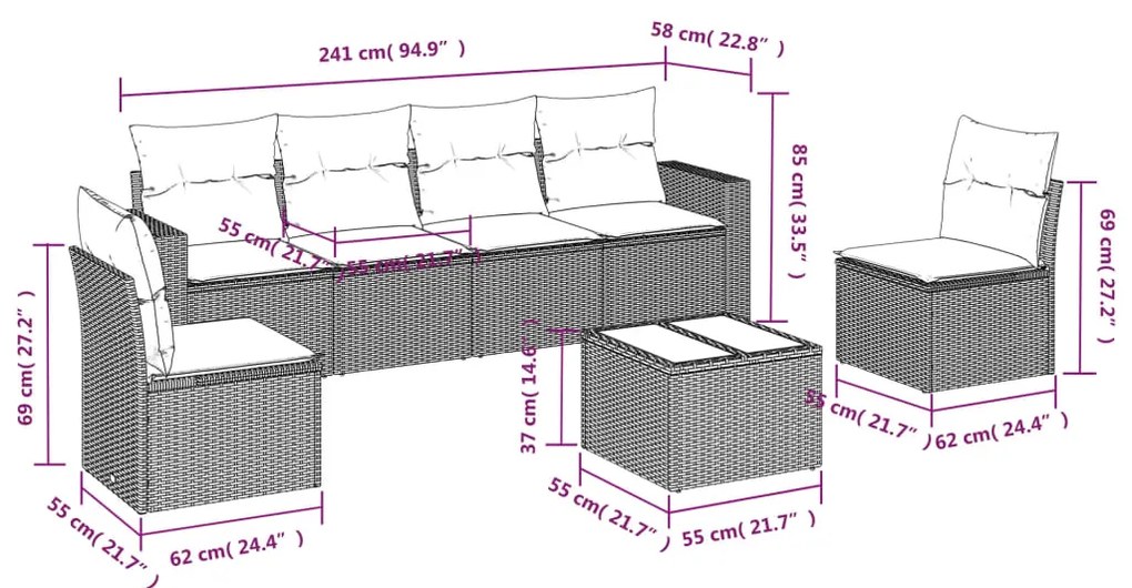 7 pcs conjunto de sofás p/ jardim com almofadões vime PE bege