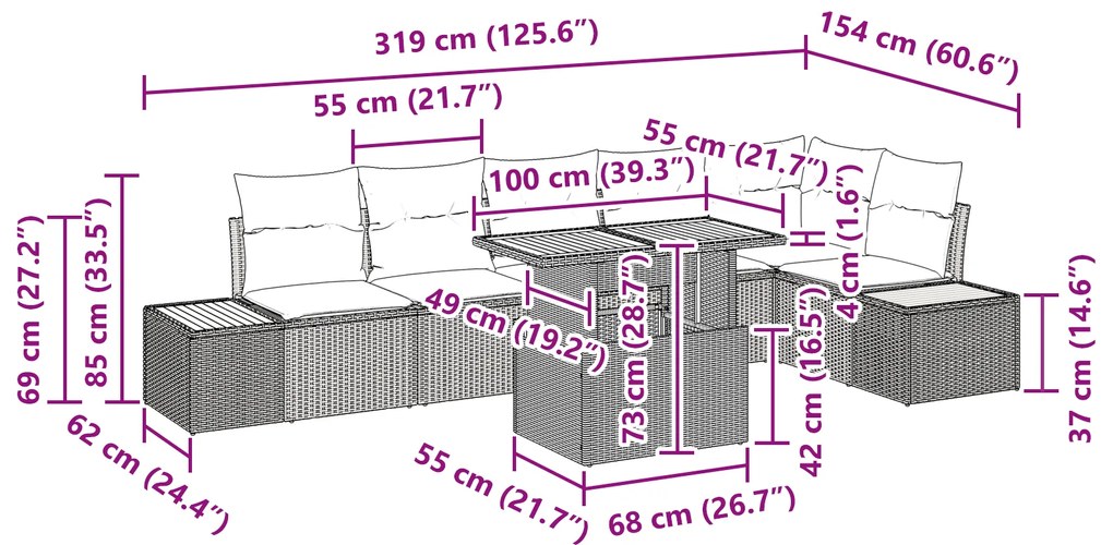 Conjunto de Jantar de Jardim com 7 Peças e Almofadas Bege em Rattan Si
