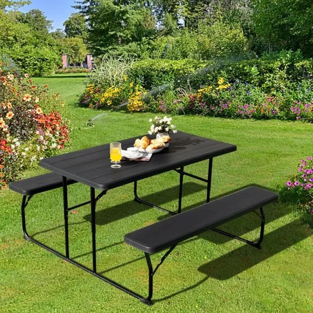 Conjunto de mesa e banco de piquenique dobrável com estrutura de metal e superfície resistente a todas as condições climáticas para quintal - Preto