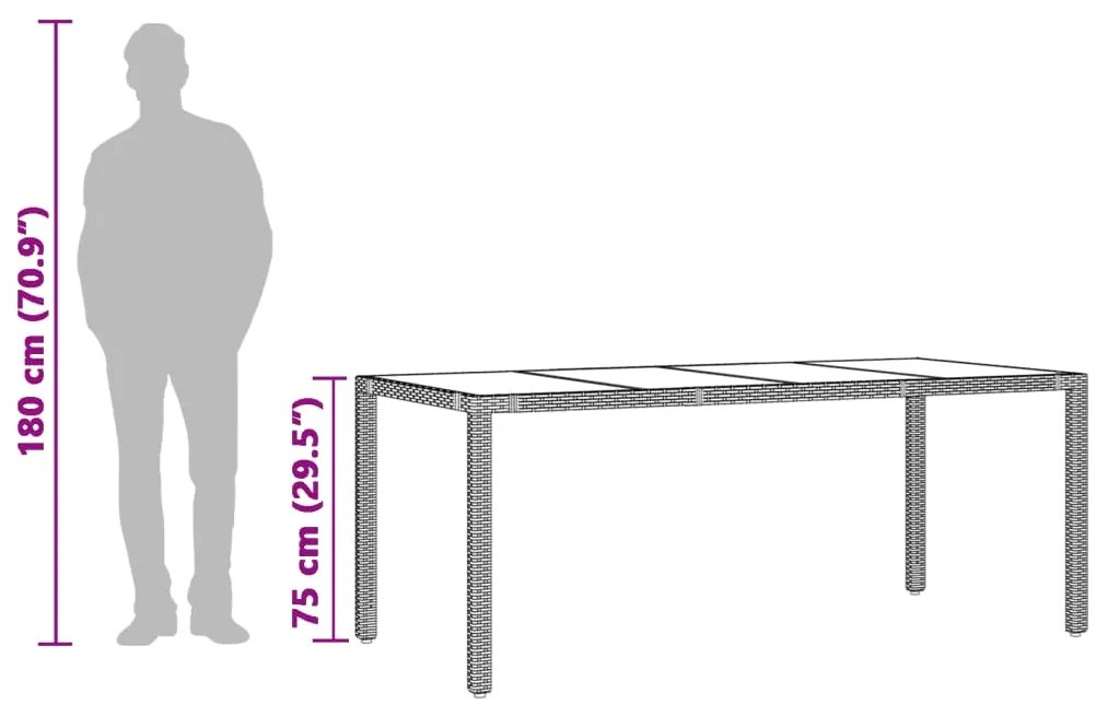 Mesa de jardim com tampo de vidro 190x90x75 cm vime PE cinza