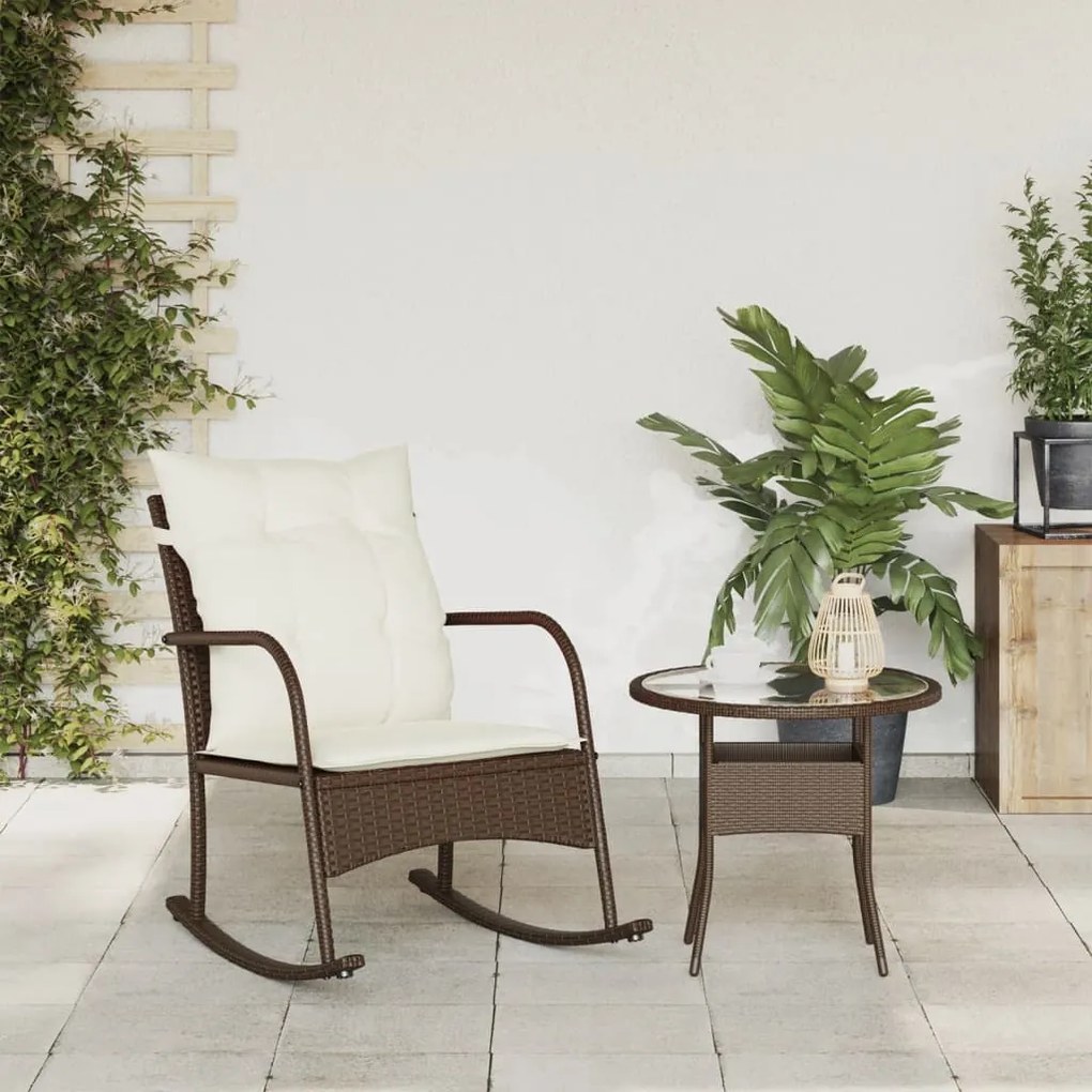 Cadeira de baloiço para jardim com almofadões vime PE castanho
