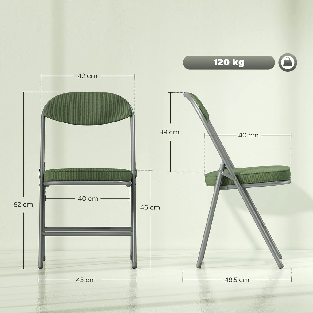Conjunto de 4 cadeiras dobráveis (MESA NÃO INCLUIDA), cadeiras de jantar portáteis com assentos e encostos estofados em veludo canelado verde