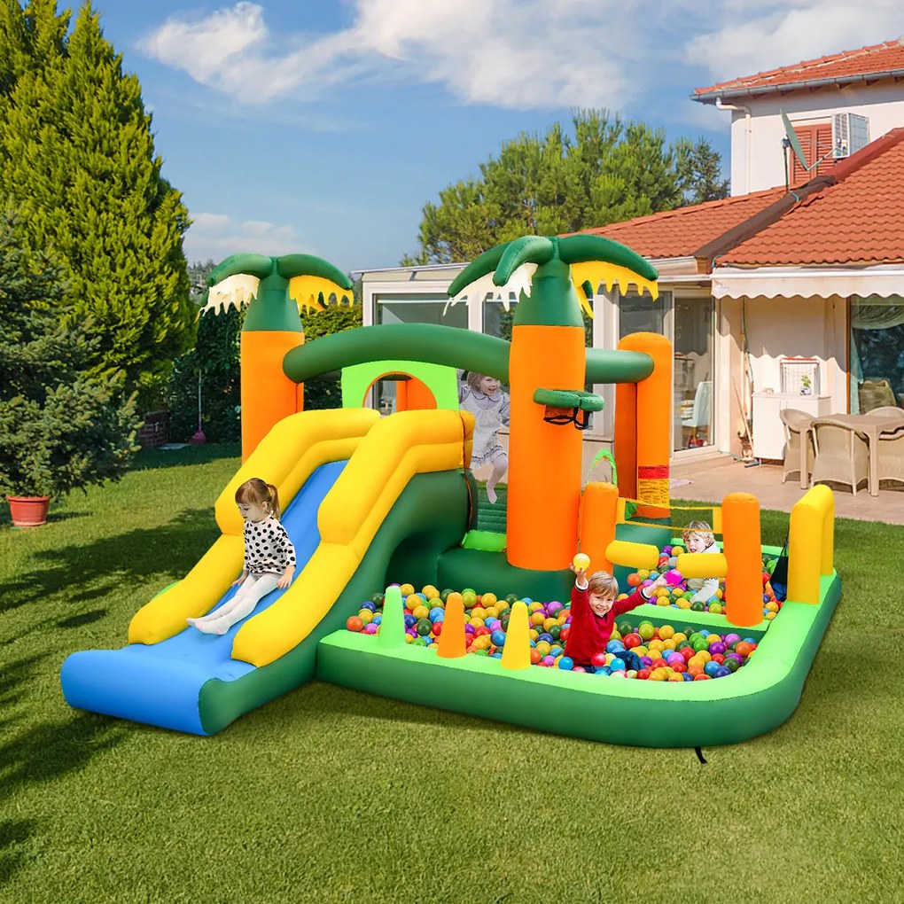 Castelo insuflável com tema palmeira tropical 8 em 1 com Ventilador de ar 2 piscinas de bolas baliza Futebol e vôlei 468 x 406 x 240 cm Multicolorido