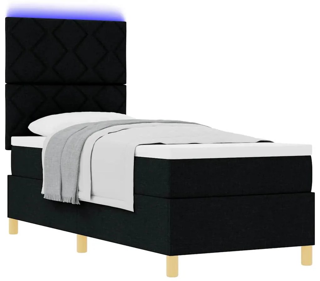 Cama Box Spring com Colchão &amp; LED Preto 80x200 cm Tecido