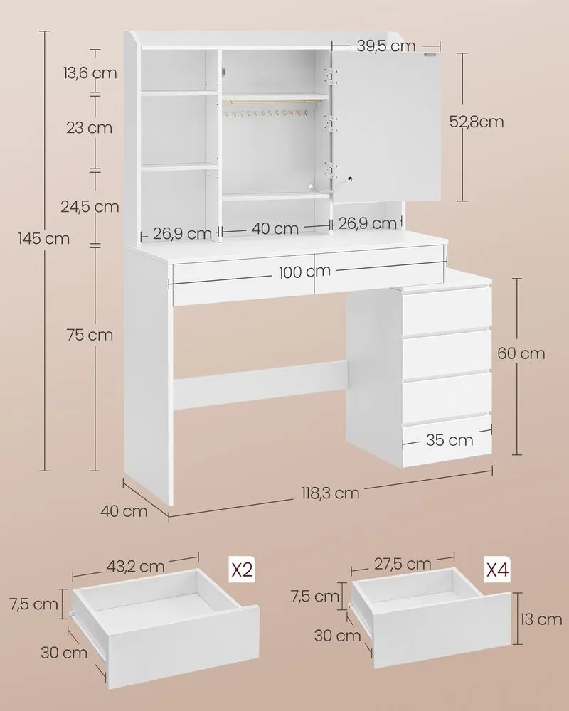 Toucador com iluminação LED moderno 40 x 118,3 x 145 cm em branco