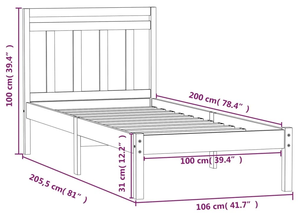 Estrutura de cama 100x200 cm pinho maciço