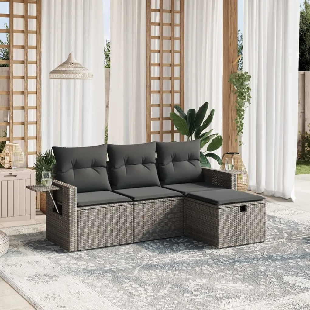 4 pcs conjunto sofás de jardim c/ almofadões vime PE cinzento