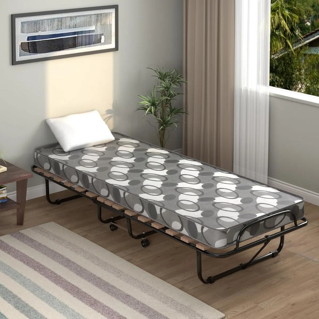Cama dobrável individual com colchão 80 x 190 cm, estrutura metálica e 4 rodas, capacidade de carga de 130 kg para hóspedes, cinza