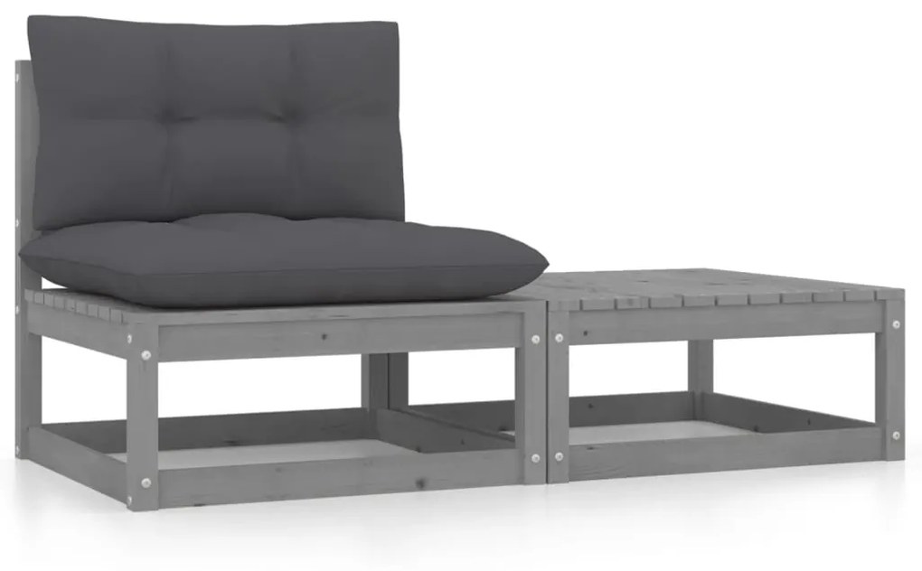 vidaXL 2 pcs conj. lounge de jardim c/ almofadões pinho maciço cinza
