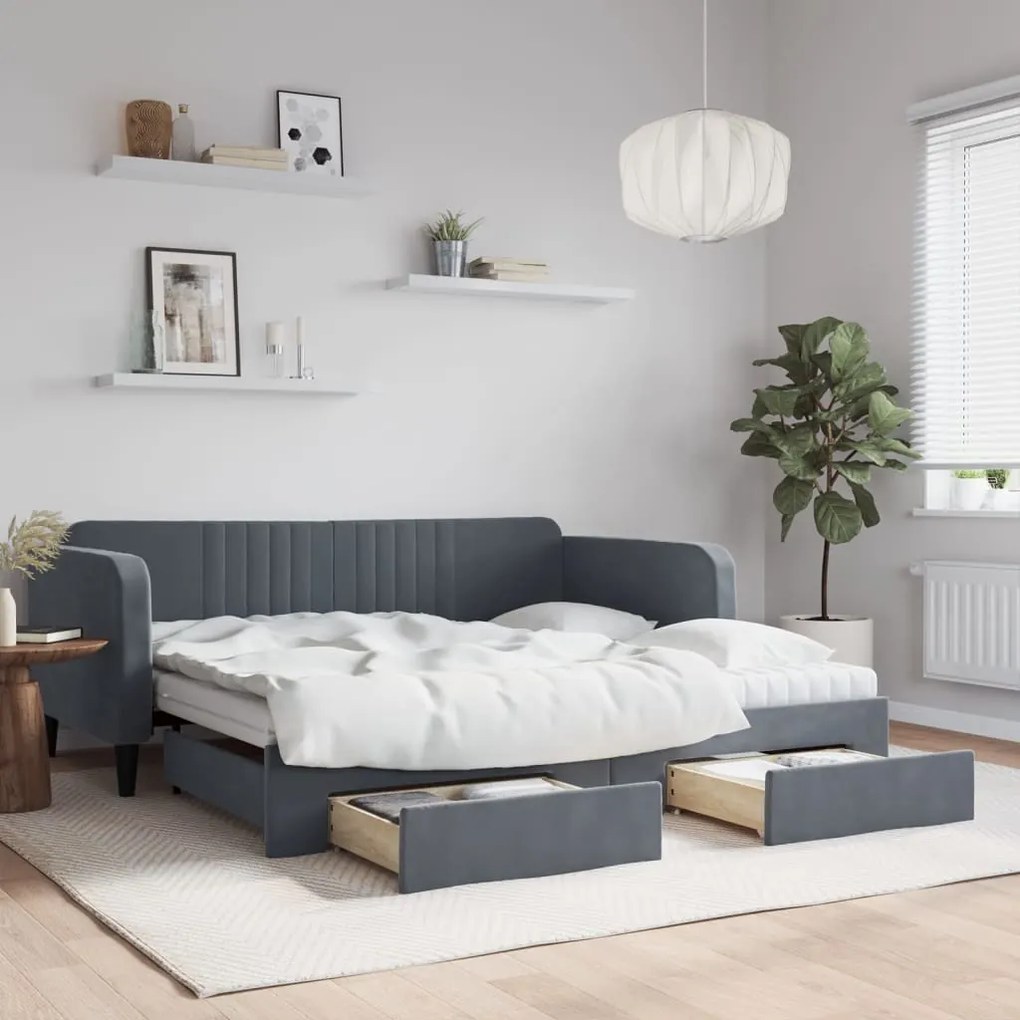 Sofá-cama c/ gavetão e gavetas 90x190 cm veludo cinzento-escuro
