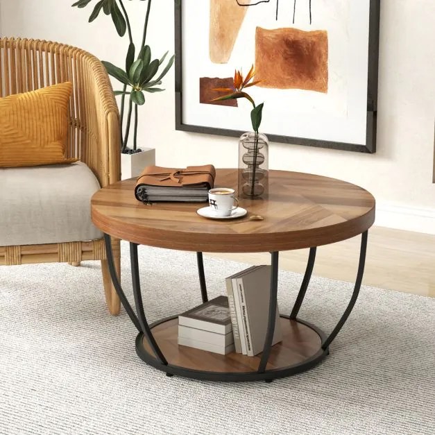 Mesa de centro redonda de 2 níveis com arrumação Mesa de chá de 80 cm com estrutura metálica Mesa de apoio para sala de estar Natural/preto