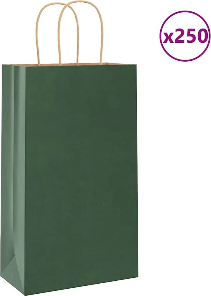 vidaXL Sacos de papel 250 unid com alças verde 21x11x36 cm