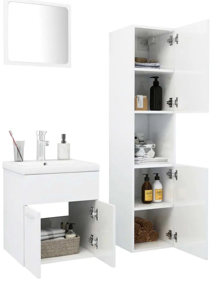 Conj. de móveis de casa de banho contraplacado branco brilhante