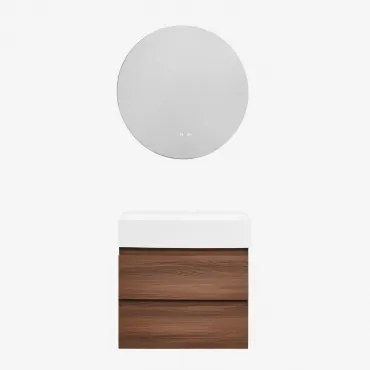 Conjunto De Móvel De Casa De Banho Suspenso Em Madeira E Folha De Freixo Com Lavatório Integrado Ona Madeira Escura & Redondo Led - Sklum