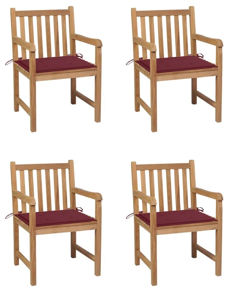 vidaXL Cadeiras jardim c/ almofadões vermelho tinto 4 pcs teca maciça