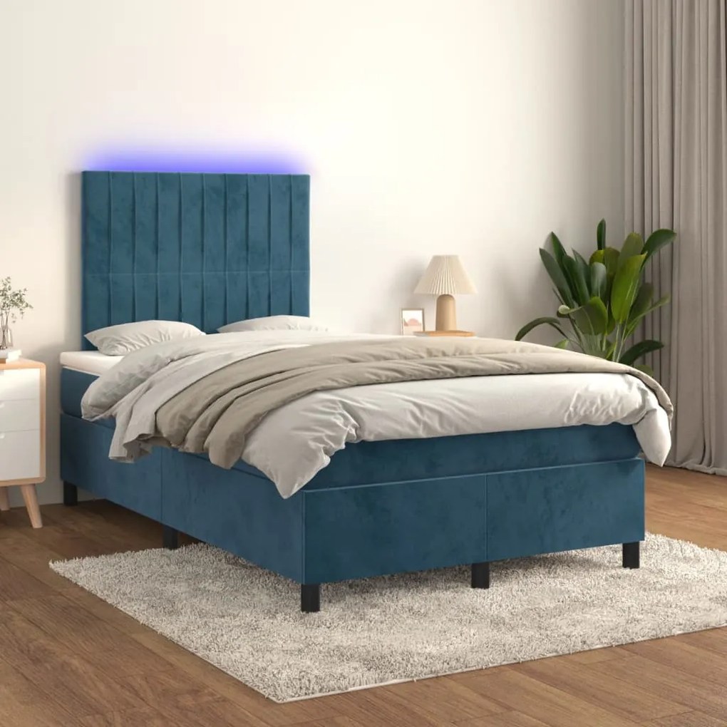 Cama box spring c/ colchão/LED 120x200 cm veludo azul-escuro