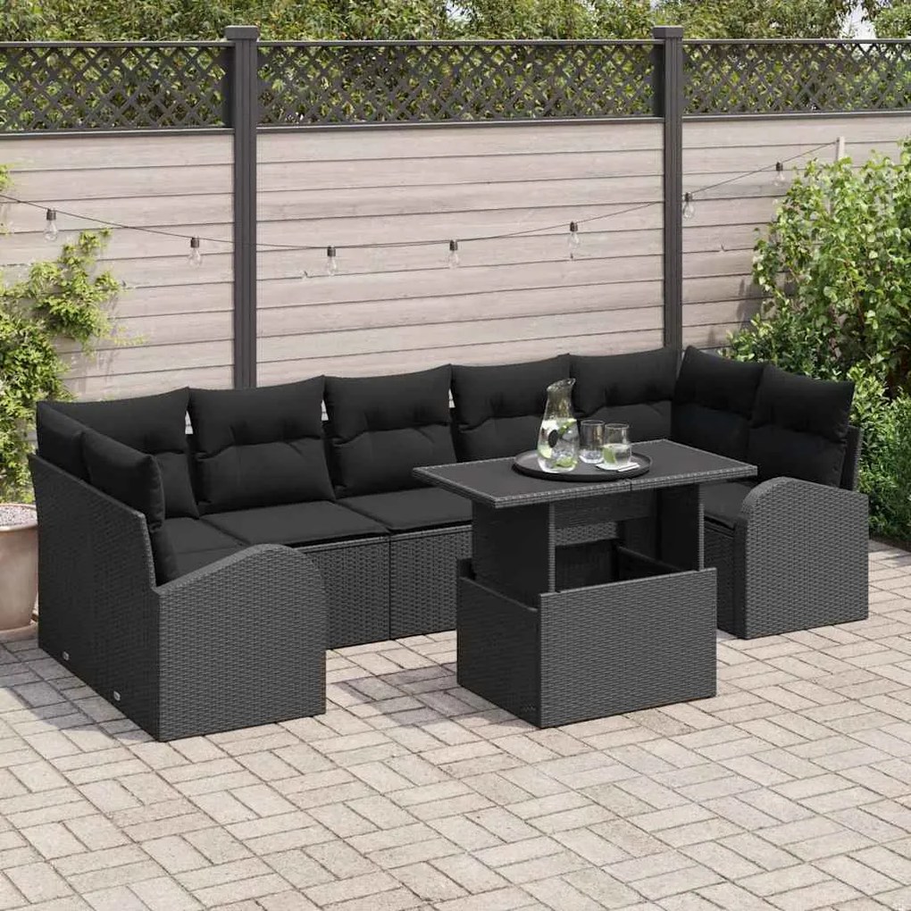 vidaXL Conjunto de Sofá de Jardim de 8 Peças com Almofadas Pretas em Rattan Sintético