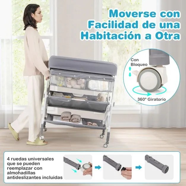 Mesa para trocar fraldas portátil dobrável com rodas impermeável altura ajustável e caixote do lixo para bebés Cinzento