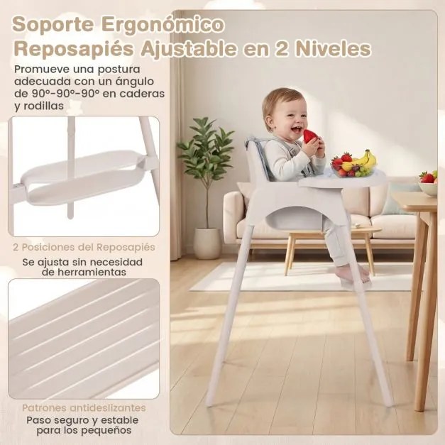 Cadeira refeição alta conversível 4 em 1 para bebés 2 alturas comTabuleiro duplo removível Arnês de 5 pontos Apoio para os pés Fácil de limpar 6-36 me