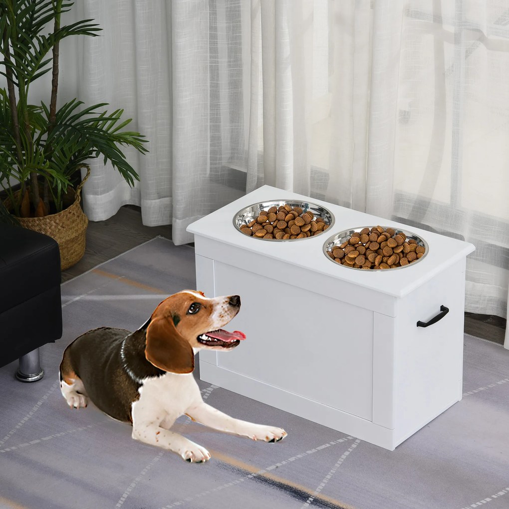 Comedouro Elevado para Cães com 2 Tigelas de Aço Inoxidável e Espaço de Armazenamento Oculto 60x30x41 cm Branco