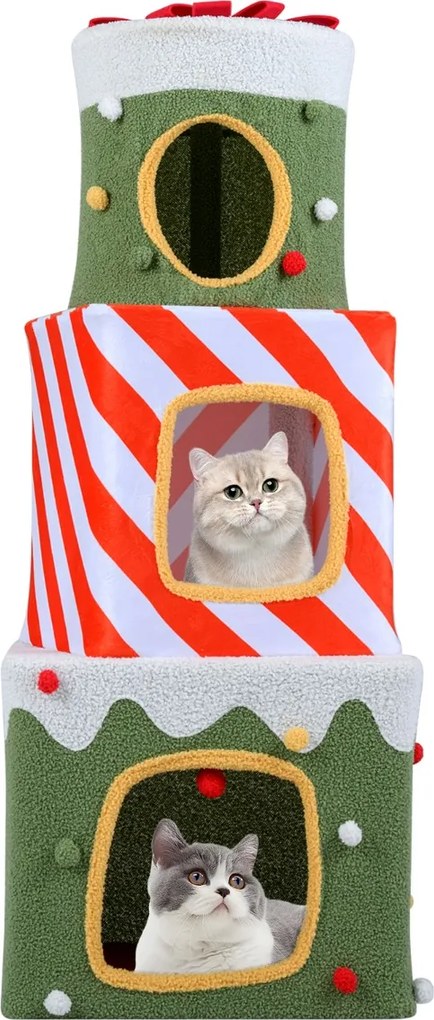 Arranhador de Natal para gatos de interior 49 x 49 x 120 cm com escalada para gatos com 3 casas e cavernas para se esconder Bola pendente verde