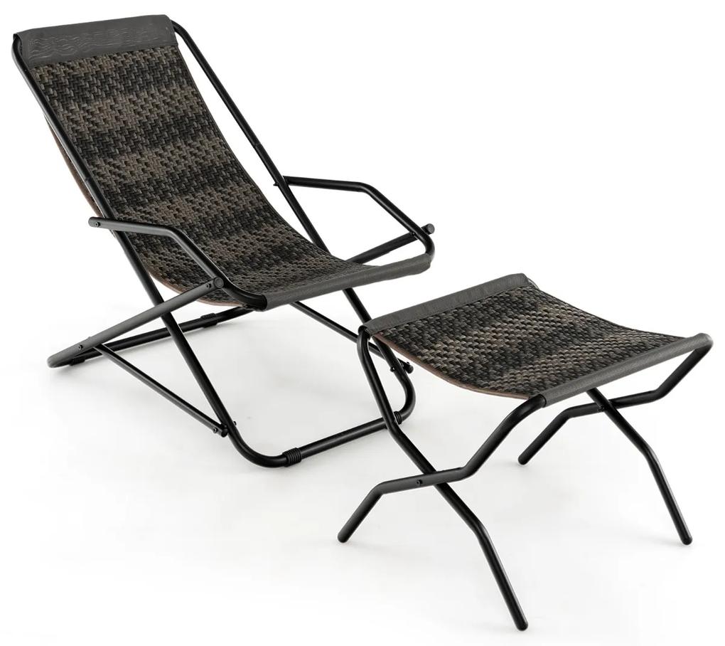 Cadeira portátil para área externa com poltrona apoio pés para pátio com vime PE e mistura de metal cinza (1 unidade)