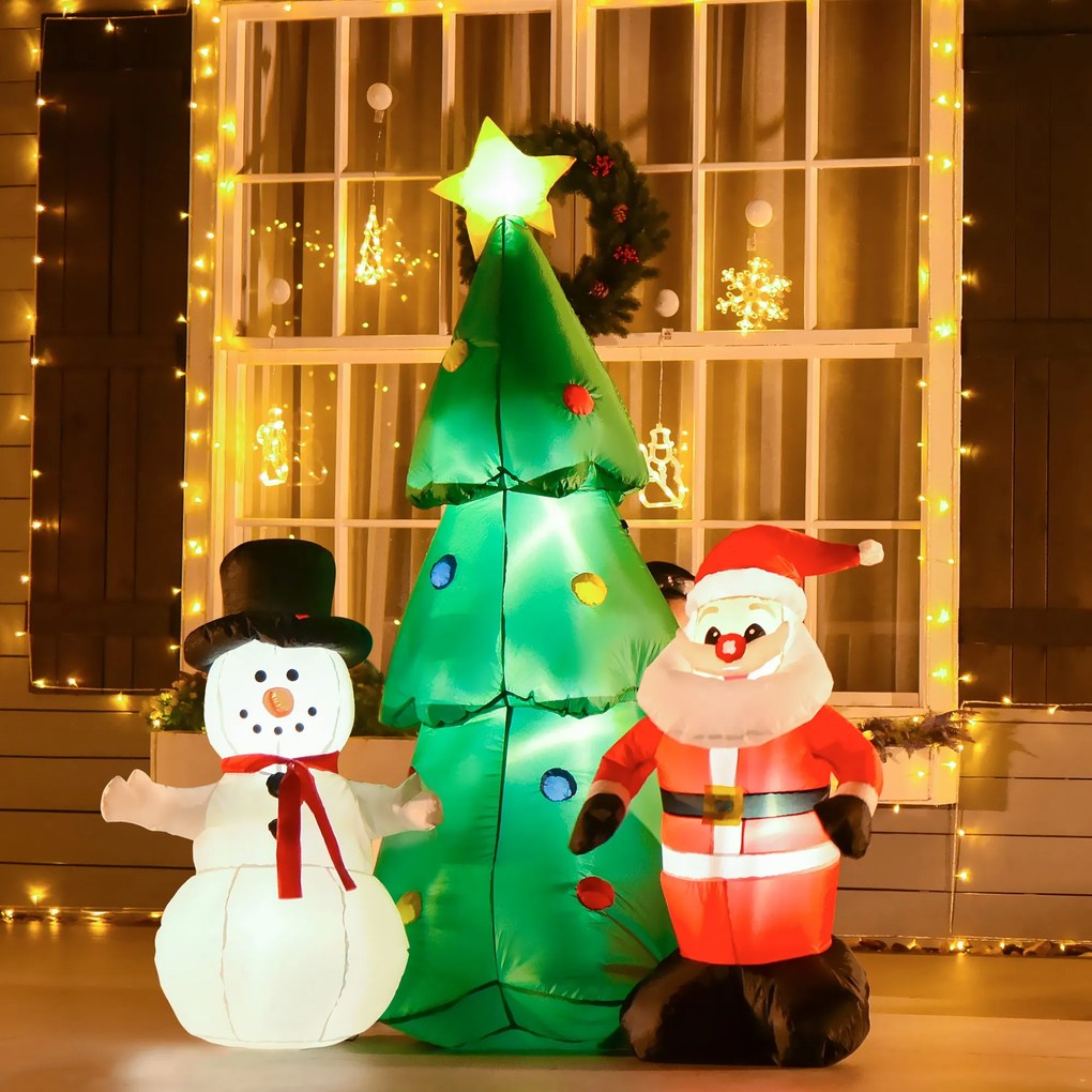 Árvore de Natal Inflável 185cm com Luzes LED Pai natal e Boneco de Neve Infláveis Decoração de Natal Iluminada Interior e Exterior 105x145x185cm Multicolor
