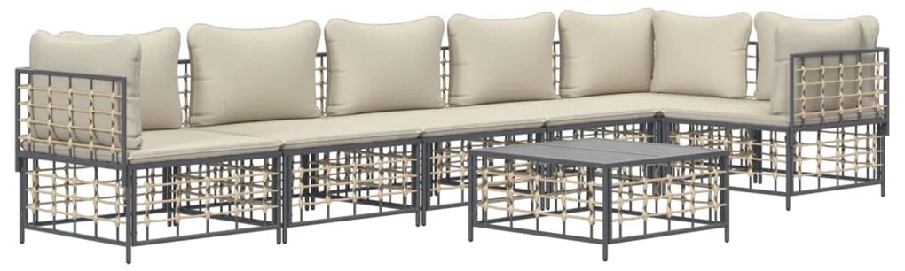 7 pcs conjunto lounge de jardim c/ almofadões vime PE antracite