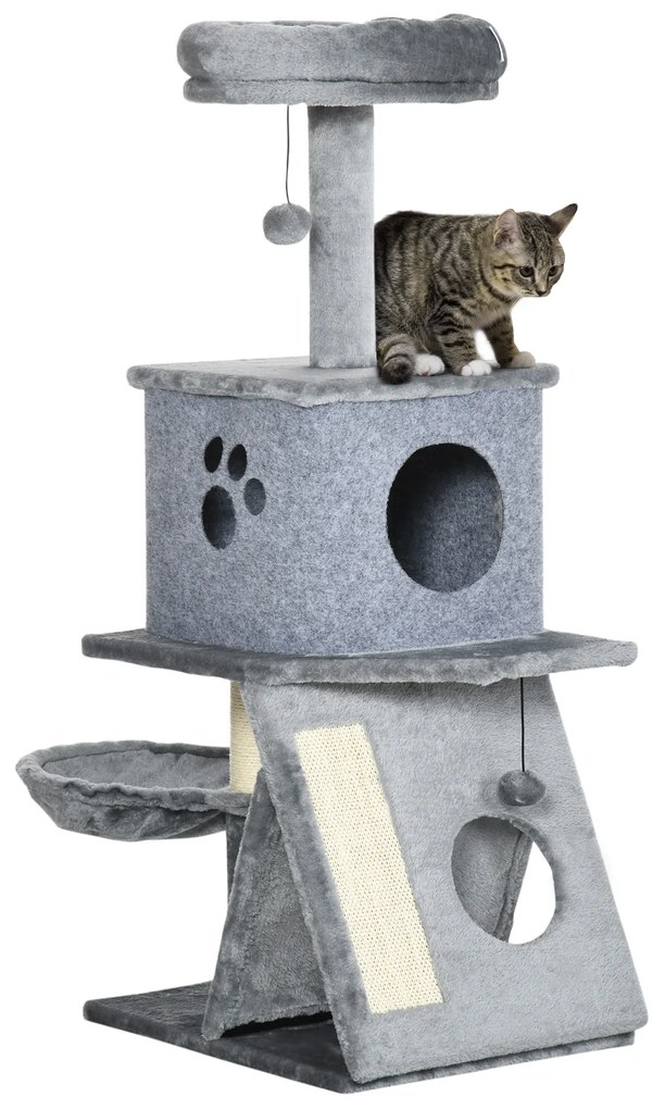 PawHut Árvore Arranhador para Gatos Altura com Cama Caverna Rede Bola Suspensa Postes e Rampa de Sisal 50x40x111cm Cinza