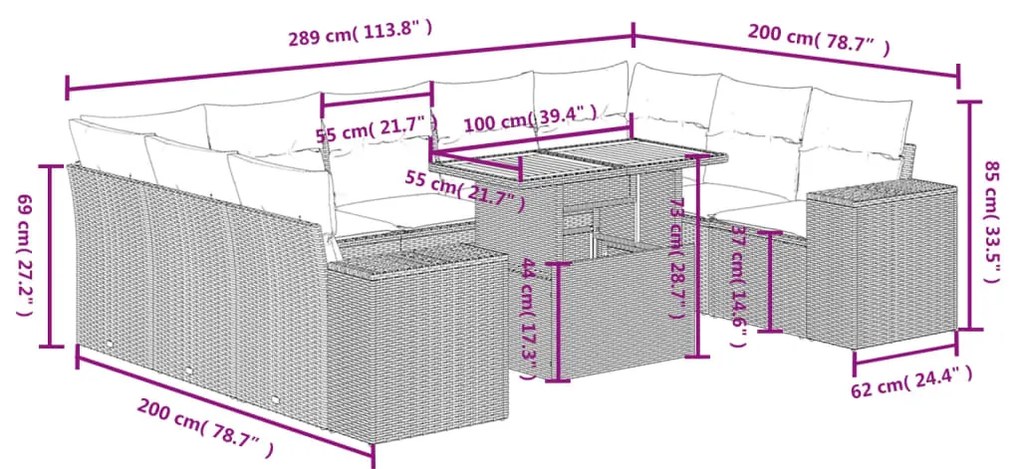 10 pcs conjunto de sofás p/ jardim com almofadões vime PE bege