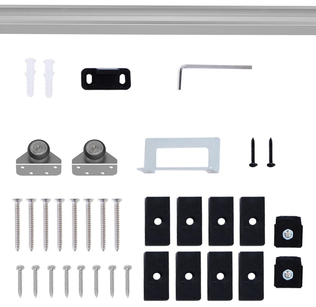 Ferragem para Porta Corredeira 186cm Kit de Acessórios para Porta Corredeira de Madeira com Trilho de Metal e 2 Roldanas Prata