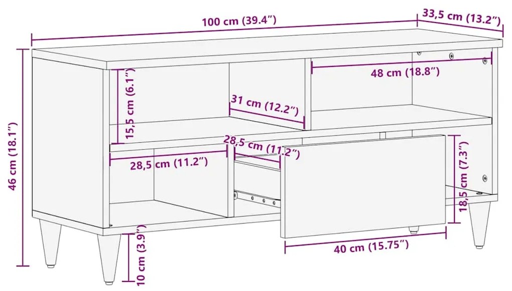 Móvel de TV 100x33,5x46 cm madeira de mangueira maciça