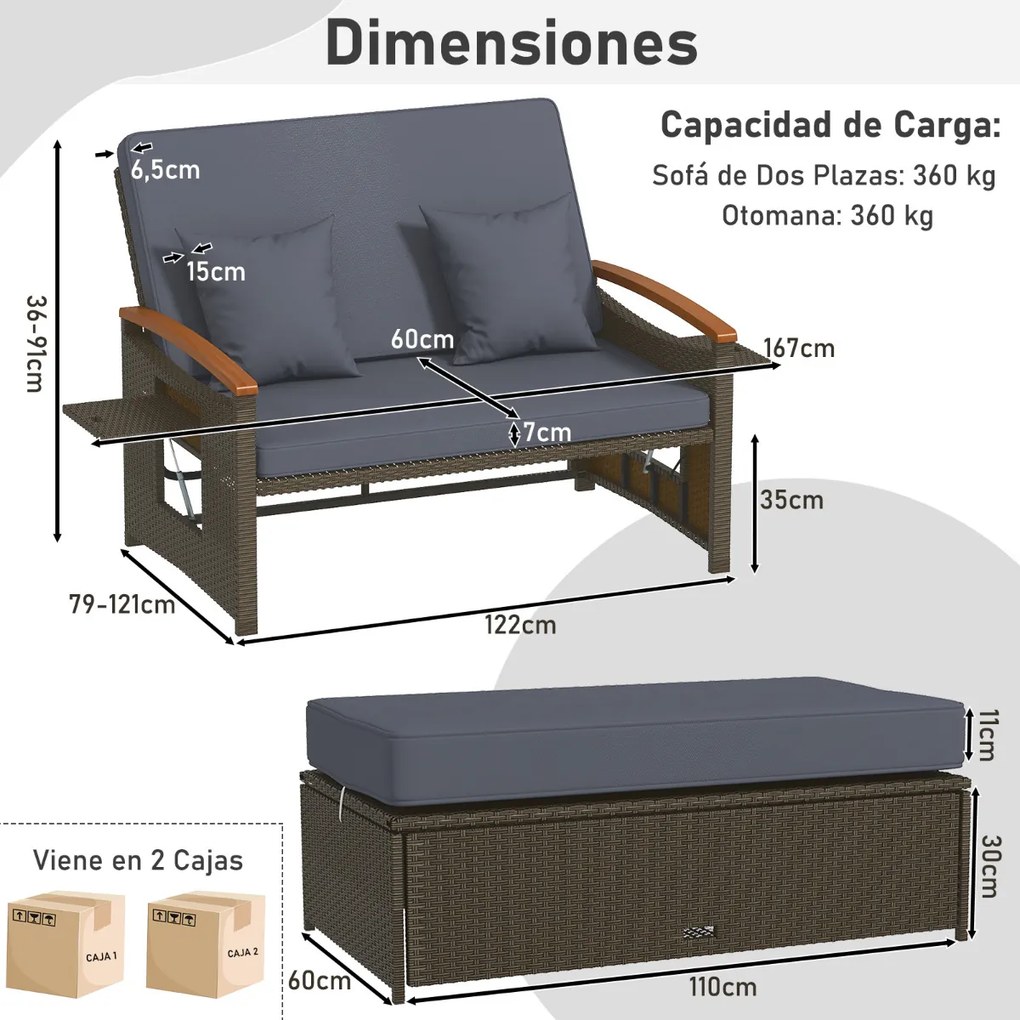 Sofá-cama de rattan para exterior com apoio para os pés com arrumação Encosto ajustável em 4 níveis e tabuleiros laterais retrácteis Castanho/cinzento