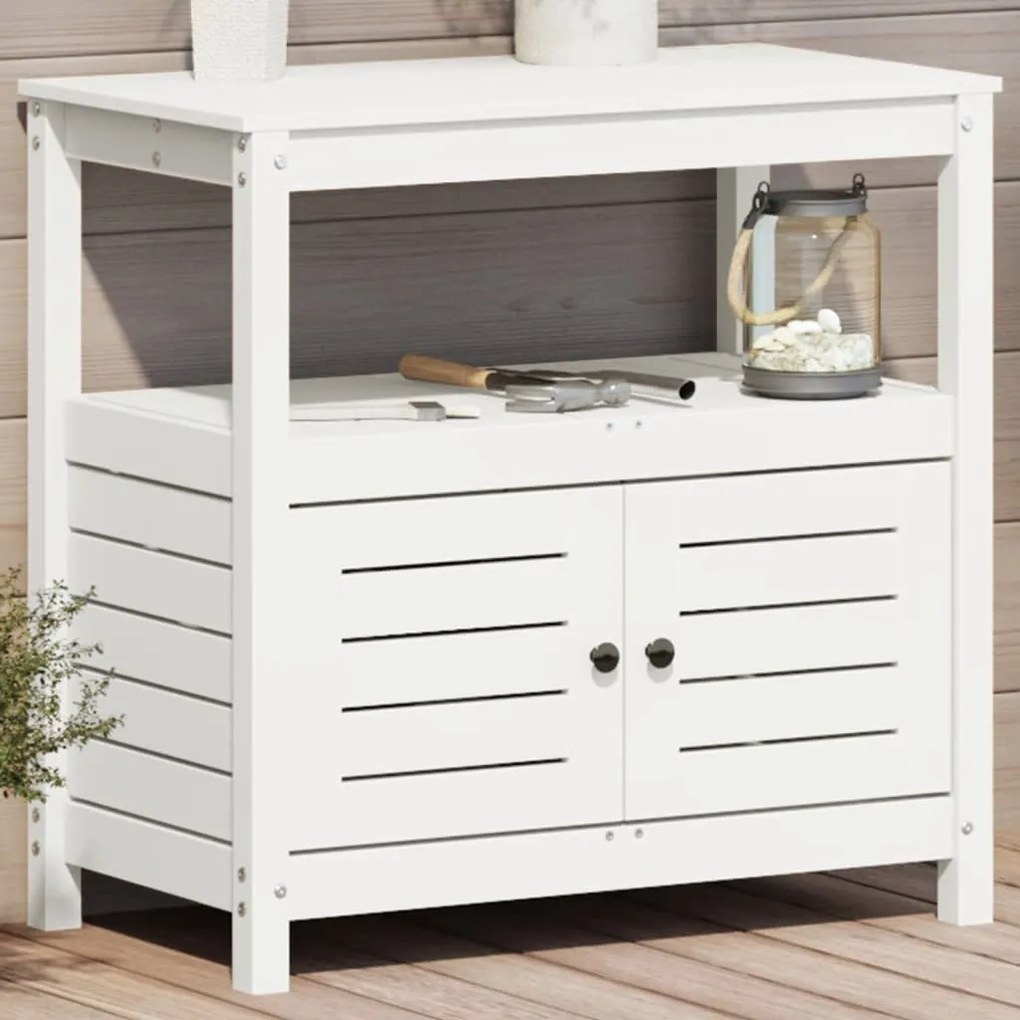Mesa de jardinagem com prateleiras madeira pinho maciça branco