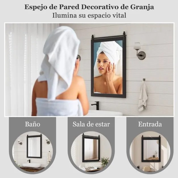 Espelho de parede estilo rústico 76,5 x 56 cm com moldura de madeira e suporte de metal para corredor, sala de estar, quarto 76,5 x 56 cm Preto