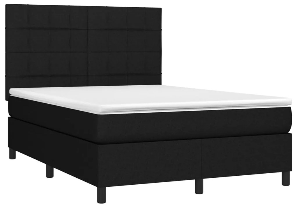 Cama box spring c/ colchão e LED 140x190 cm tecido preto